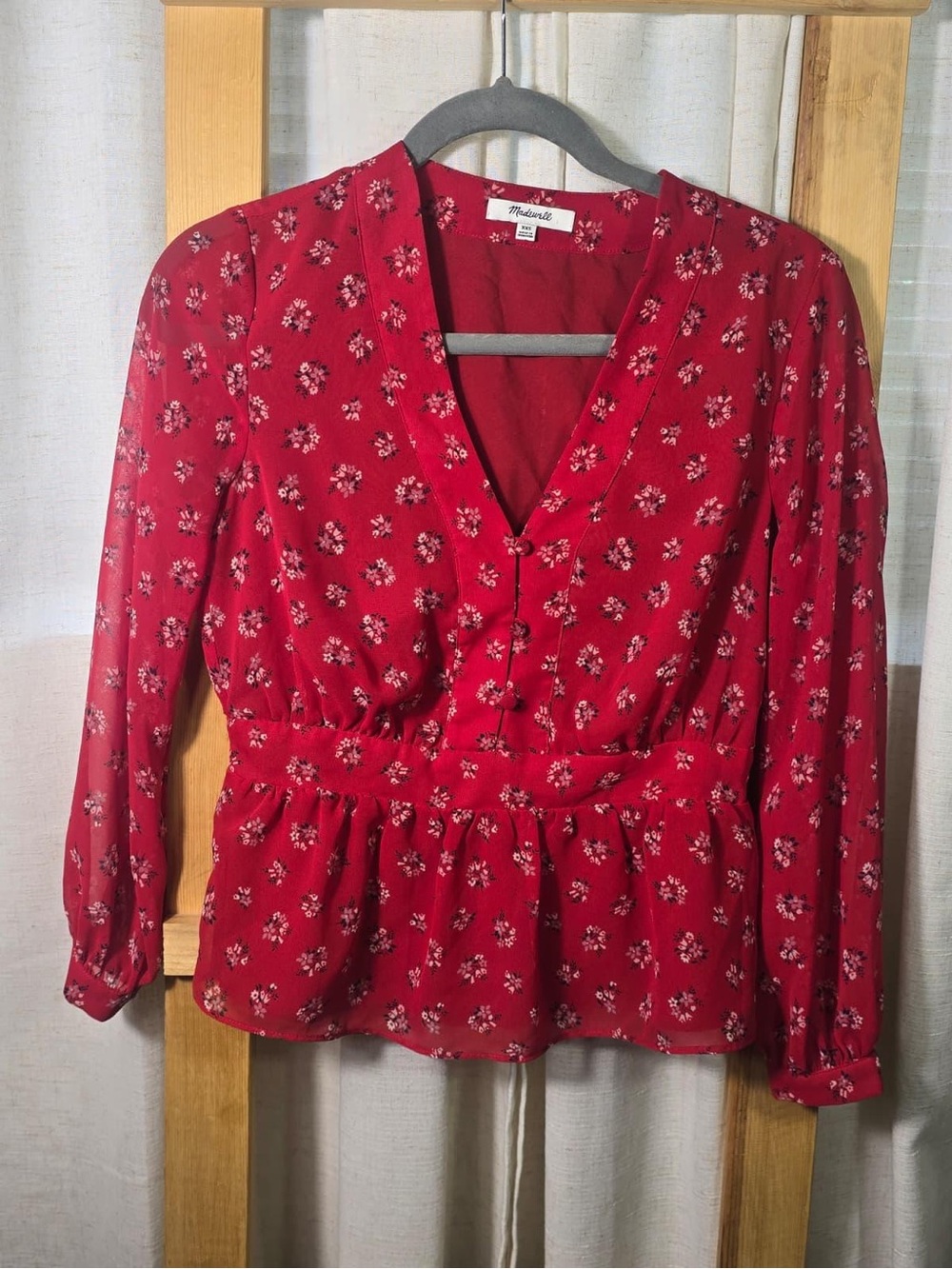Madewell Red Floral V-Neck Peplum Top